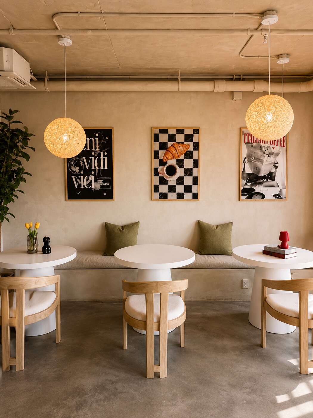 Bench seating, green pillows and the veni vidi vici poster under warm pendants at Vici Café
