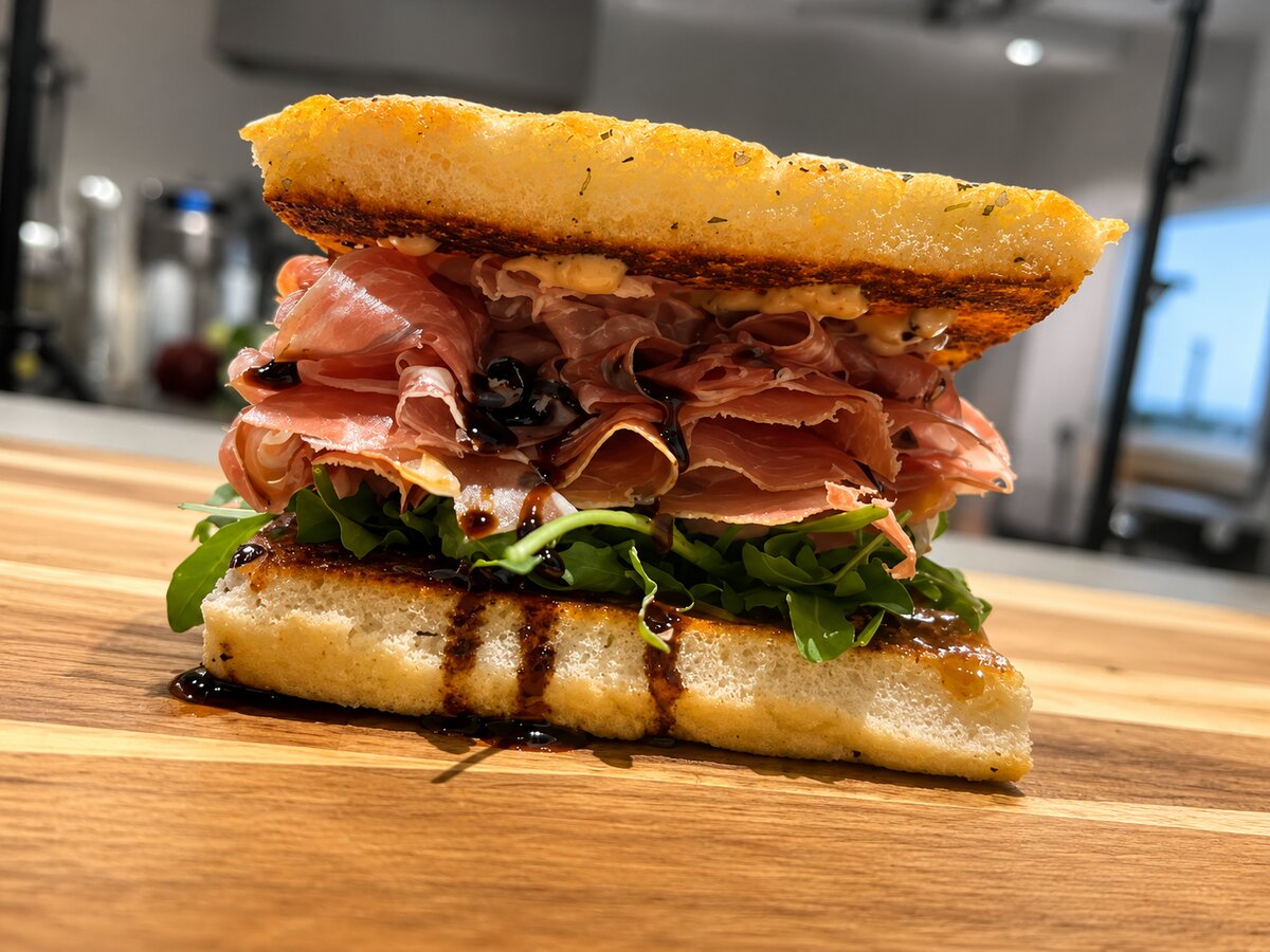 A prosciutto sandwich on toasted focaccia with arugula and balsamic at Vici Café