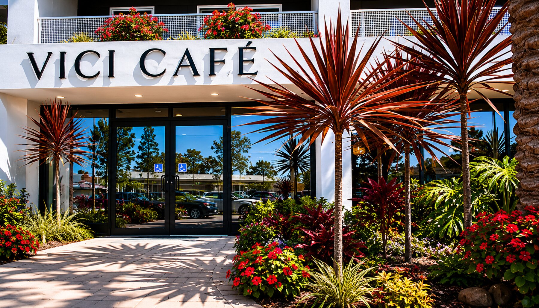 The Vici Café storefront on Ulric Street in Linda Vista, with the cafe sign above tropical landscaping